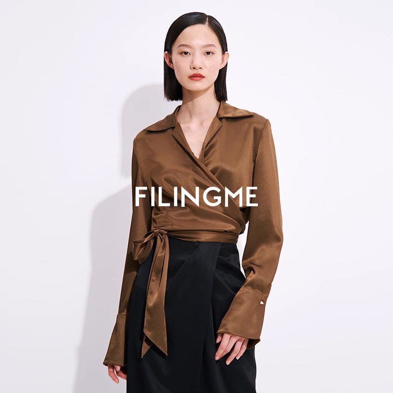 FILINGME 2026 Autumn New Arrival: Stylish and Slimming V-Neck Long-Sleeve Acetate Shirt with Tie-Up Design for Commuters