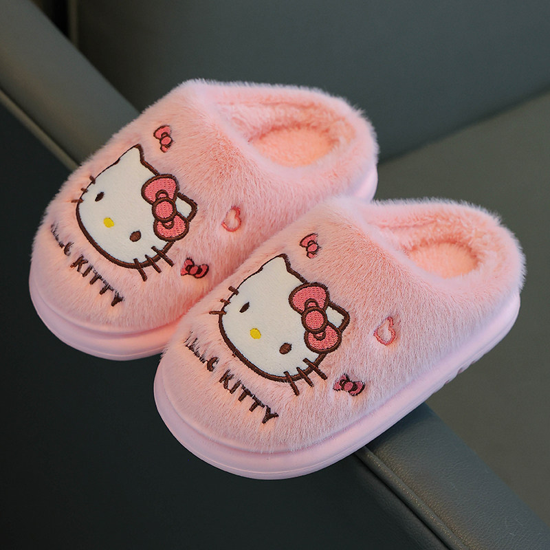 Детские хлопчатобумажные тапочки из натуральной кожи Sanrio для родителей и детей, домашние тапочки для девочек KT, нескользящие мягкие жужжащие теплые детские тапочки