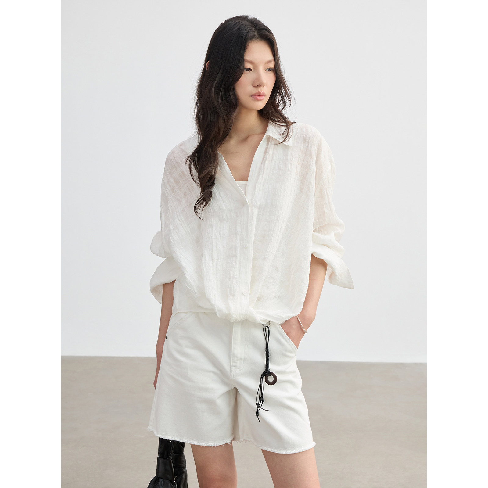 JUSLIN Linen Lyocell Relaxed Fit Knot Design Loose-fitting Long-sleeved Plaid Shirt M0505