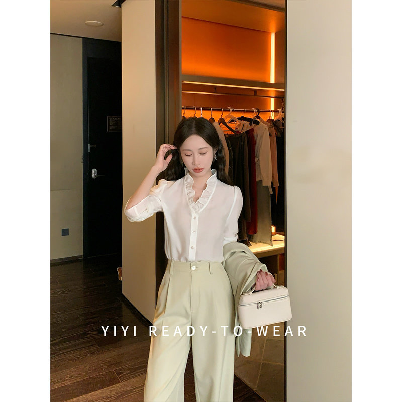 Yiyi's Petite Women's [Spring All-Purpose] French V-Neck Ruffled Blouse, 2026 Autumn White Top
