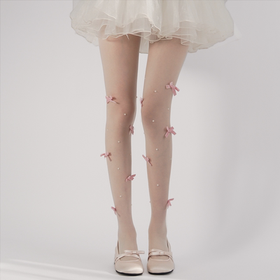 taobao agent 夜间教习室蝴蝶结丝袜女春秋白色日系连裤袜子薄款防勾丝珍珠白丝
