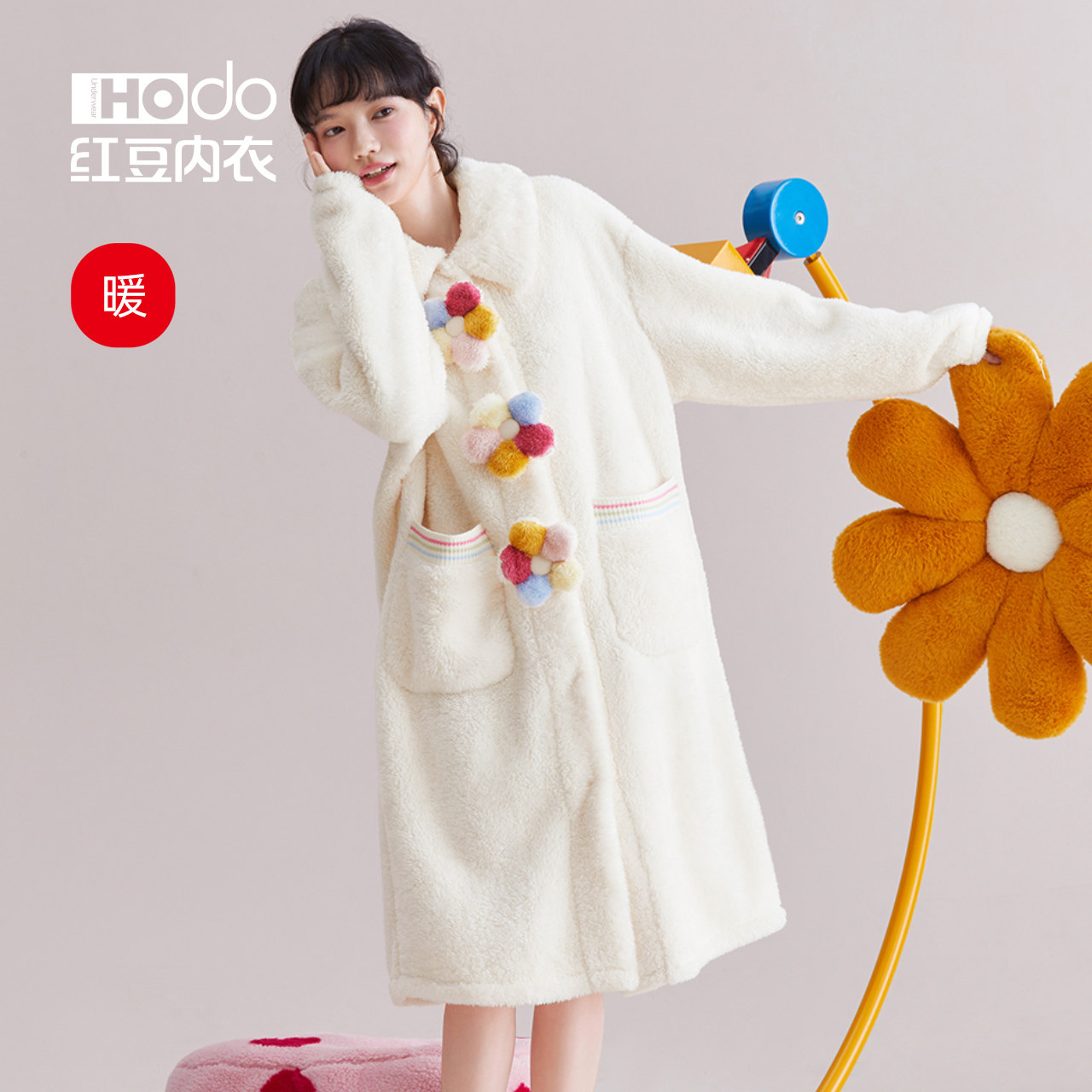 Bubble velvet womens nightgown red bean cute bathrobe