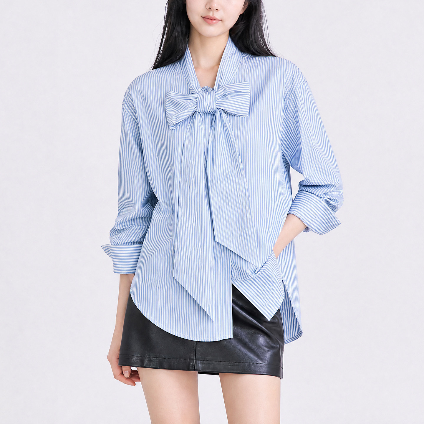 Women's Blue Striped Shirt, New Autumn Style, with Bow Tie Design, Loose Fit, Slimming Long Sleeve Top