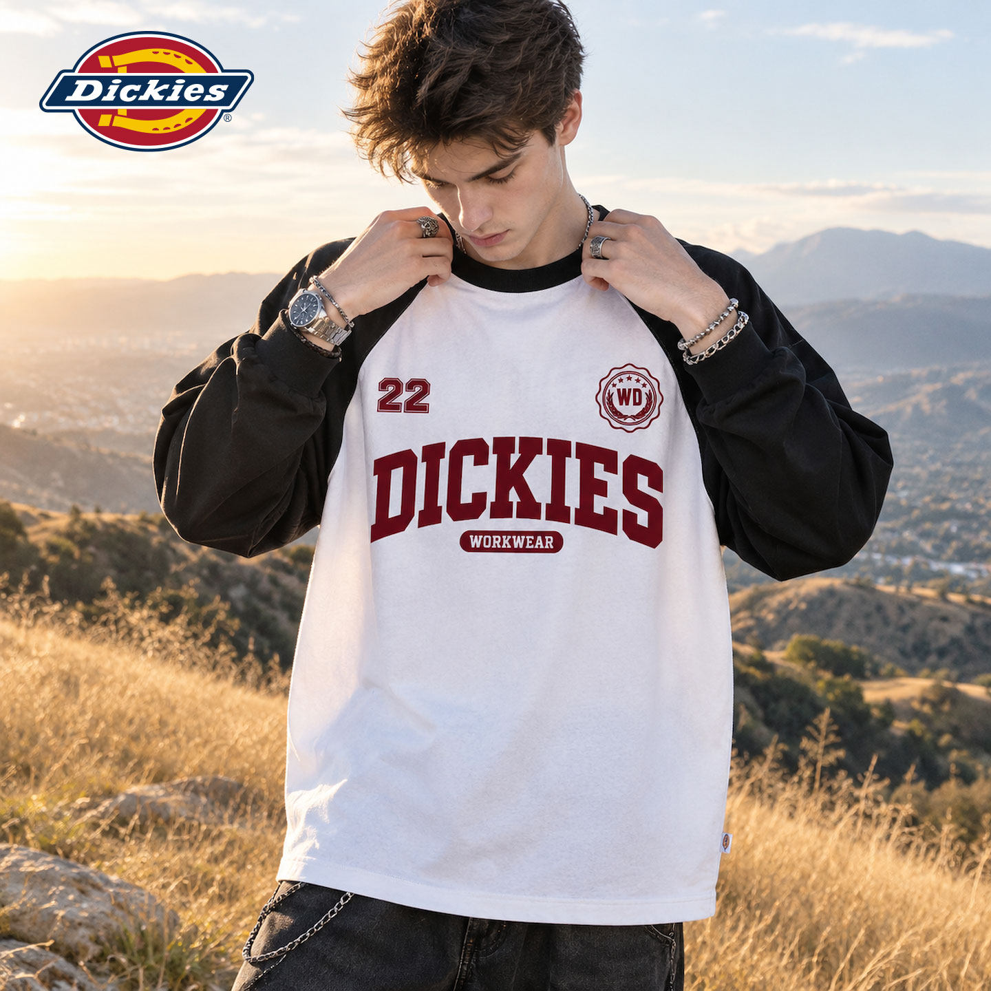 Dickies, американский простой свитер с круглым вырезом, мужской весенне-осенний повседневный топ с длинными рукавами, пуловер, нижняя рубашка, мужская