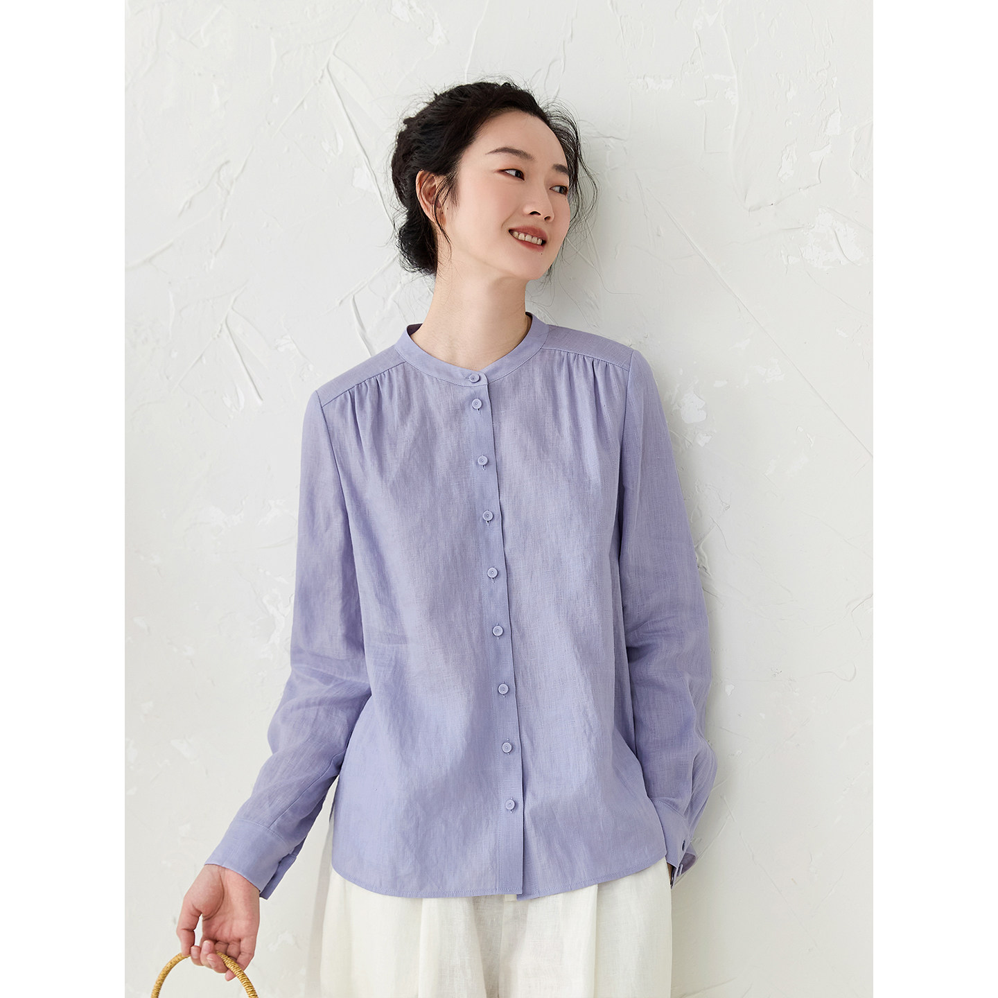 Ruye Original Pure Linen Casual Purple Long-Sleeved Shirt, Autumn Women's Clothing, Stand Collar Loose Shirt, Elegant Top