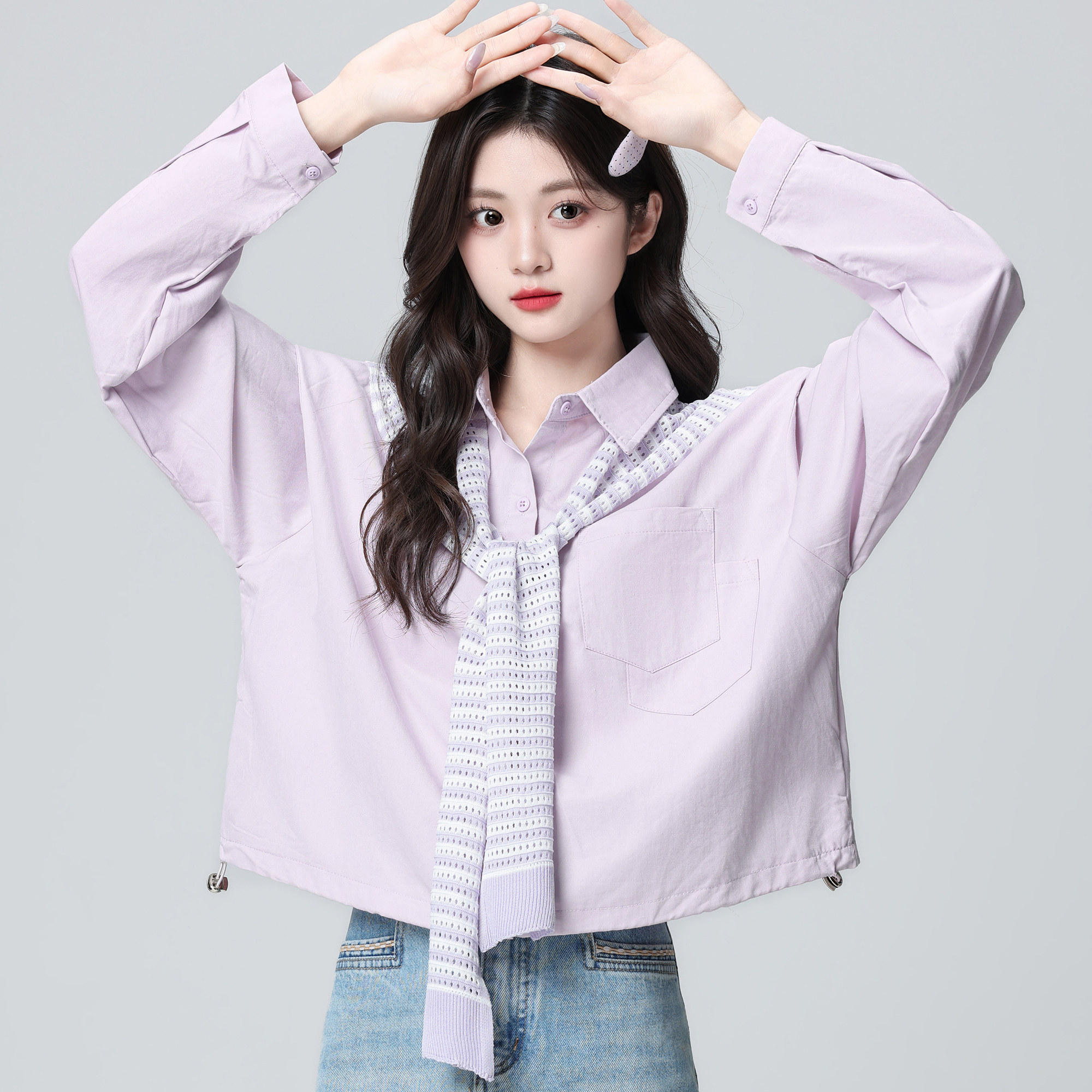 Women's long-sleeved pink and purple shirt, autumn/spring 2026 new style, shawl-style design, loose fit, short top.