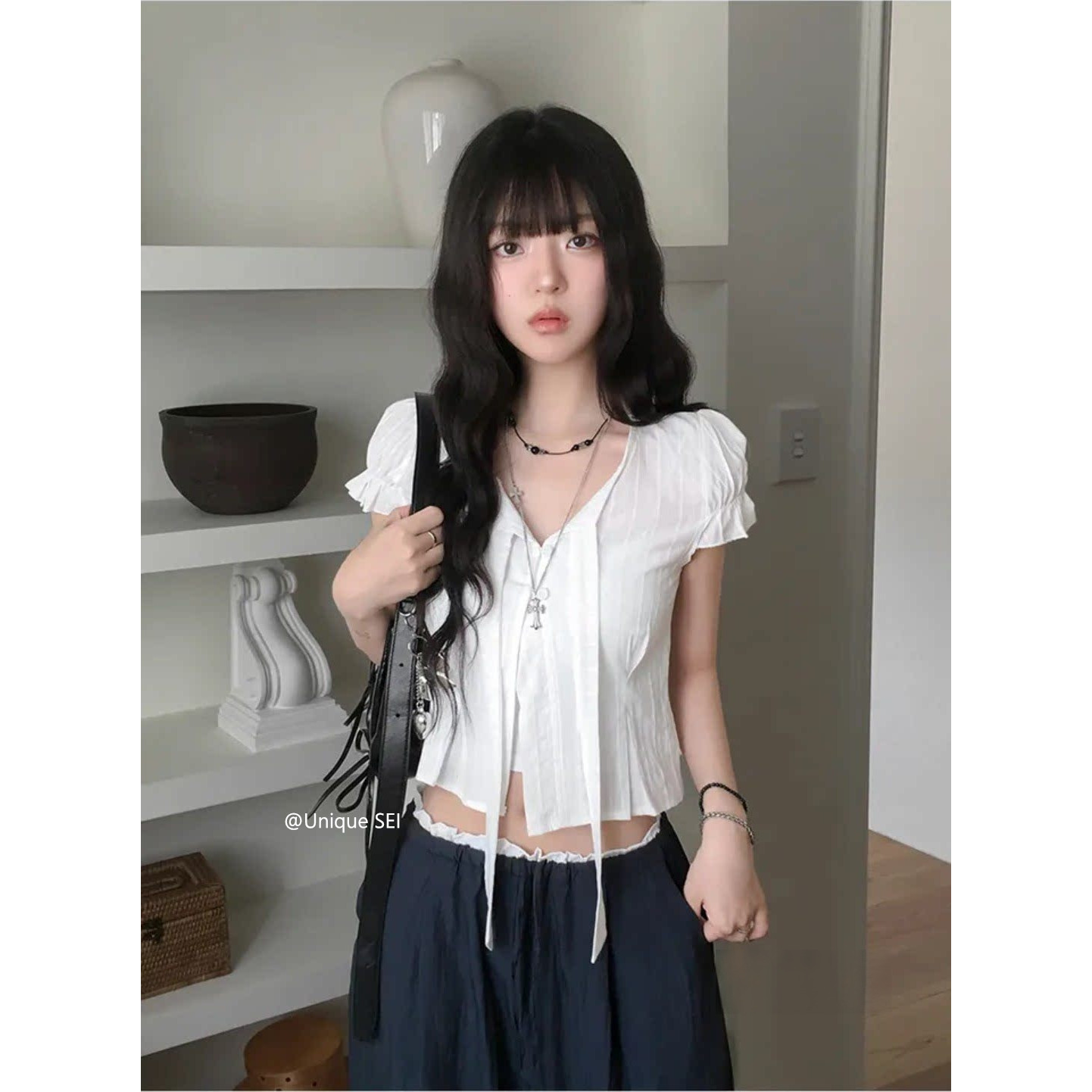 Unique SEI Korean Style Sweet and Youthful Ruffled Tie-Waist Short-Sleeve Puff Sleeve Shirt Top