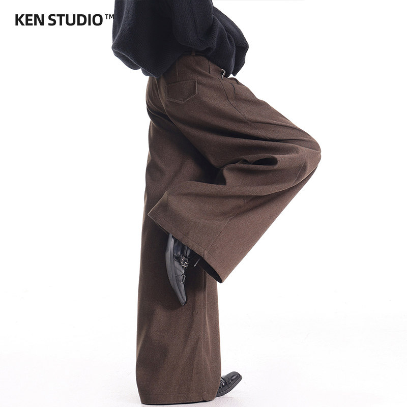 KEN STUDIO, осень-зима, новый стиль, стиль old money, кофейного цвета, костюмные брюки с матовой отделкой, женские повседневные брюки в стиле ретро с широкими штанинами