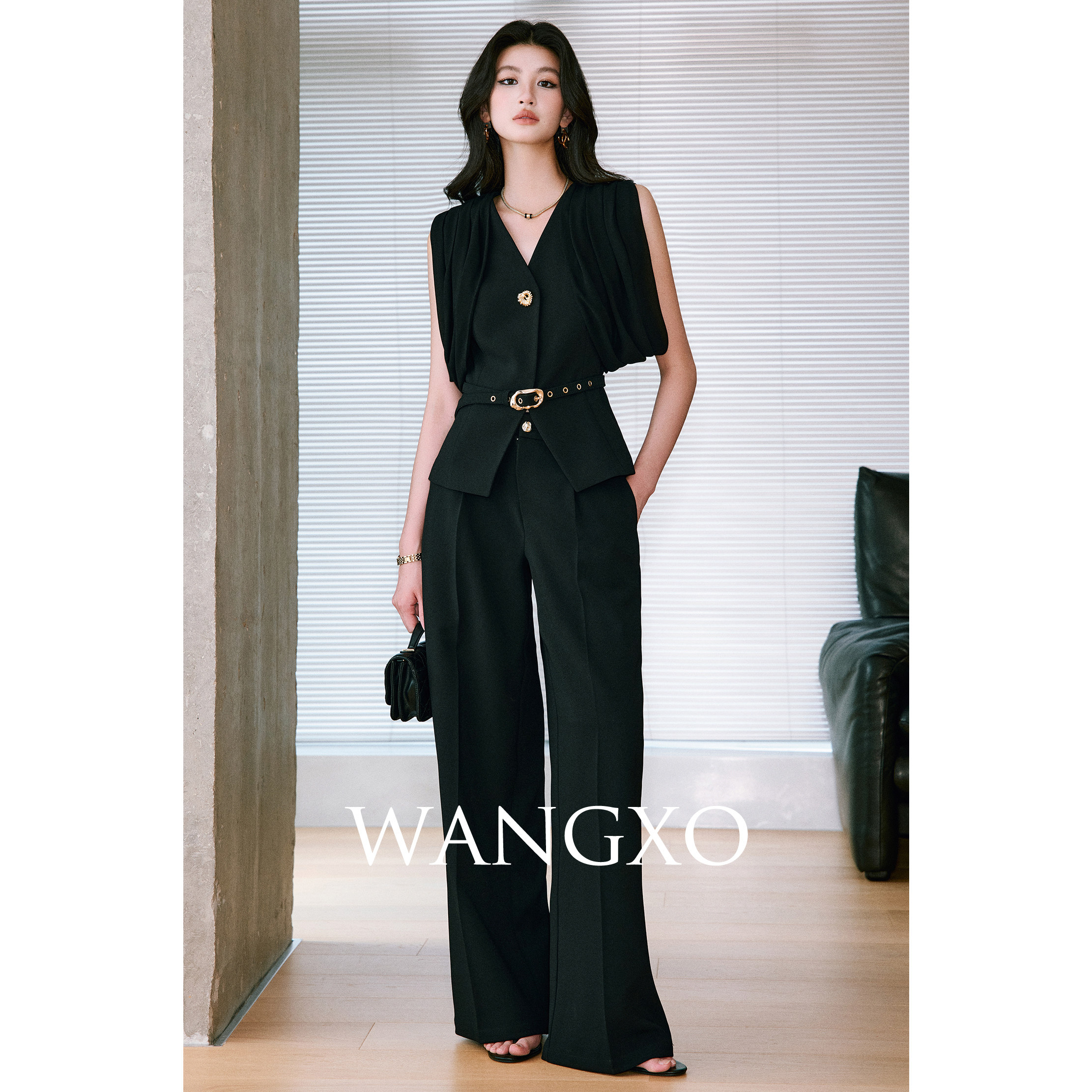 WANGXO|Интеллектуальные способности|Шифоновый свободный костюм с V-образным вырезом на талии и повседневный прямой брючный костюм с драпировкой