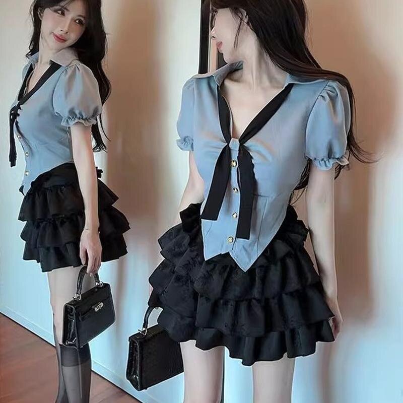 Korean-style pure and sexy schoolgirl JK uniform, sweet and spicy girl, irregular slim-fit shirt and high-waisted tiered skirt two-piece set