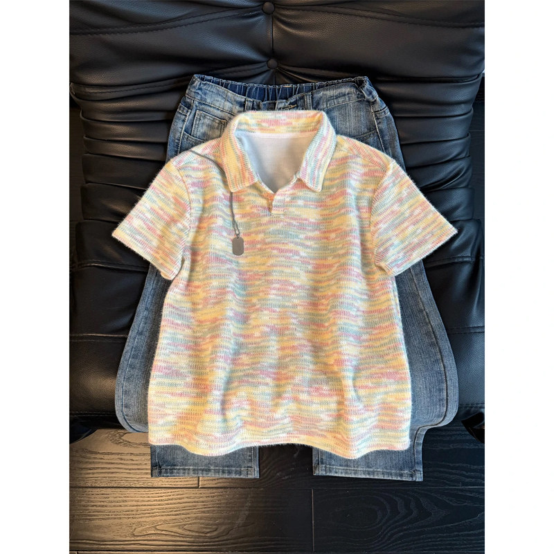 Мужская летняя трикотажная футболка-поло Xiaoxiangfeng color tie-dye с короткими рукавами и отворотом, бренд tide, ретро, тяжелая футболка с короткими рукавами