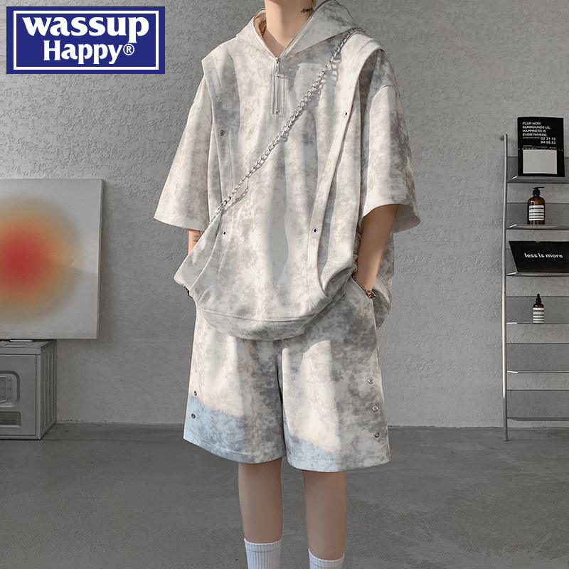 Костюм-футболка с короткими рукавами WASSUP HAPPY tie-dye, мужской летний дизайнерский костюм, классная и красивая повседневная одежда, костюм-двойка