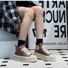 European thick soled cowhide leather high top canvas shoes for women 2024 new spring and autumn women's shoes, sponge cake soles, and high rise biscuit shoes