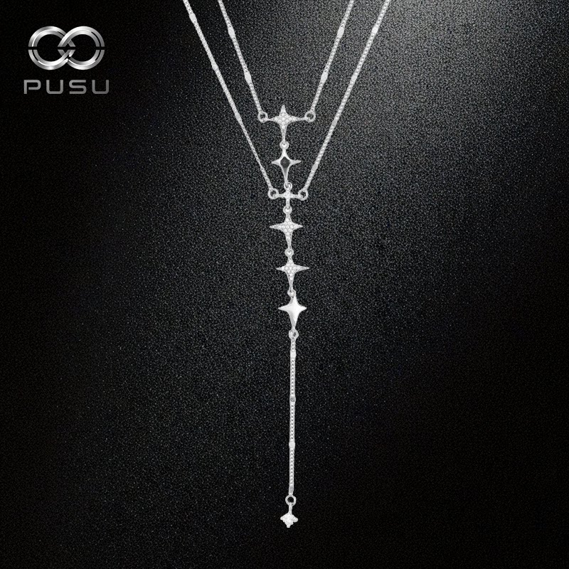 Ожерелье из стерлингового серебра PUSU fishbone, мужское многослойное струящееся ожерелье Su atmosphere, цепочка на ключицу, сверкающее звездное ожерелье для бойфренда