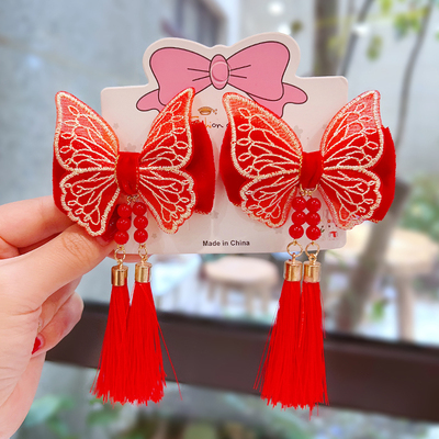 taobao agent 古风刺绣蝴蝶红色发夹中国风儿童小女孩汉服流苏头饰宝宝新年发卡