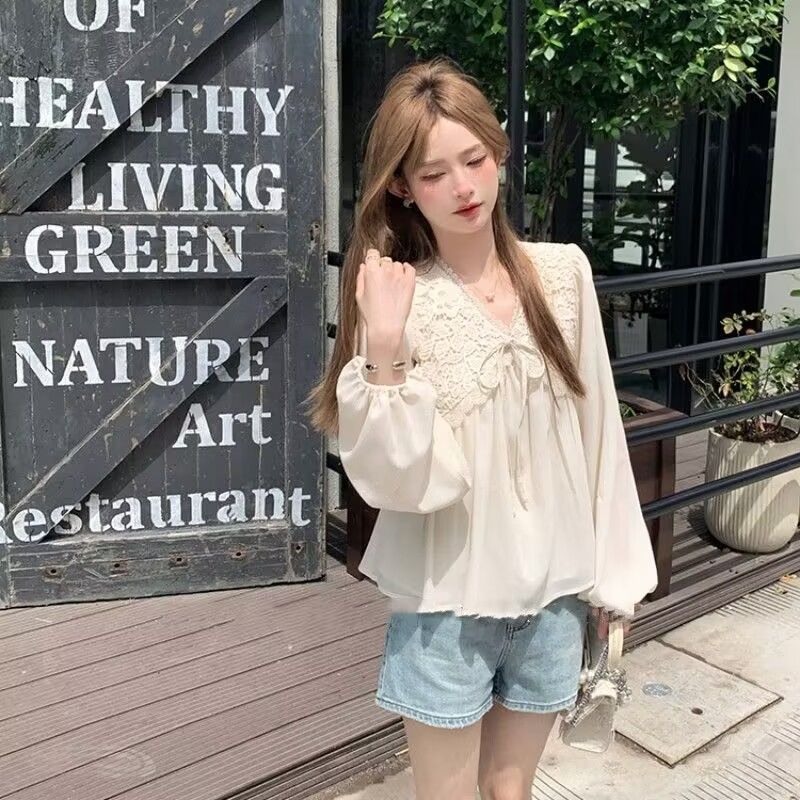 Женская шифоновая рубашка на шнуровке из французского кружева, весна-осень 2026, новый дизайн, топ с V-образным вырезом и рукавами-фонариками