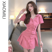 V-neck pink dress for women in spring and summer, short sleeved small stature fake two piece shirt skirt, pleated waist, slimming short skirt