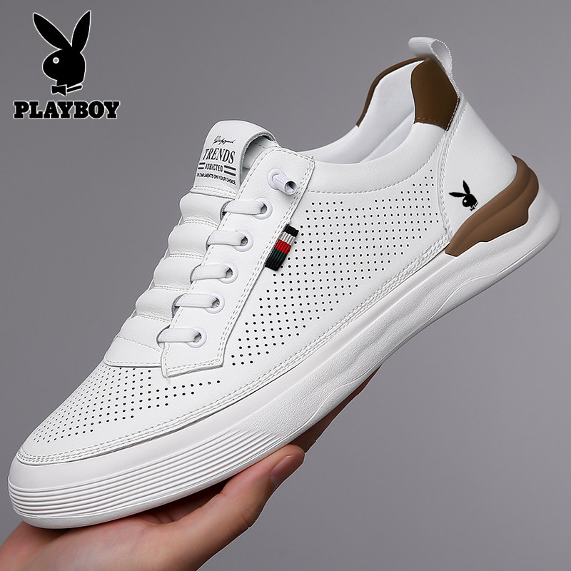 Мужская обувь Playboy; кроссовки; летние дышащие кожаные сандалии с полой подошвой; повседневная спортивная белая обувь на мягкой подошве; обувь с отверстиями