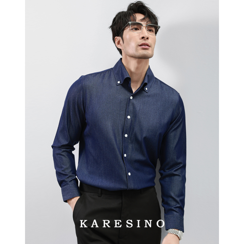 KARESINO メンズ ビジネス ウォッシュドデニム ブルーシャツ スリムフィット プレミアム 気軽カジュアルシャツ メンズ 長袖