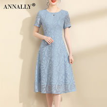 Annally's new summer French elegant temperament slim fit mid length light blue large hem dress for women