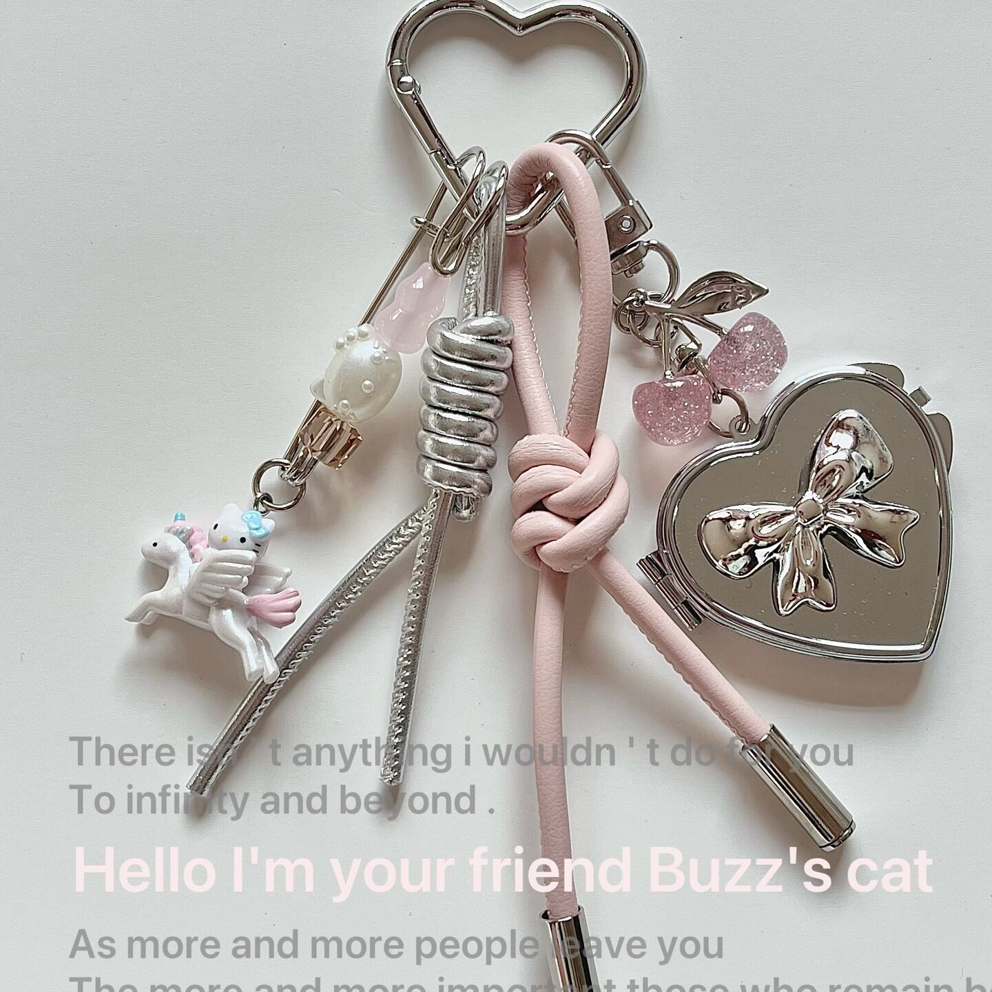Original handmade light pink and silver girly Hello Kitty retro Y2K metal high-end mobile phone chain charm bag pendant