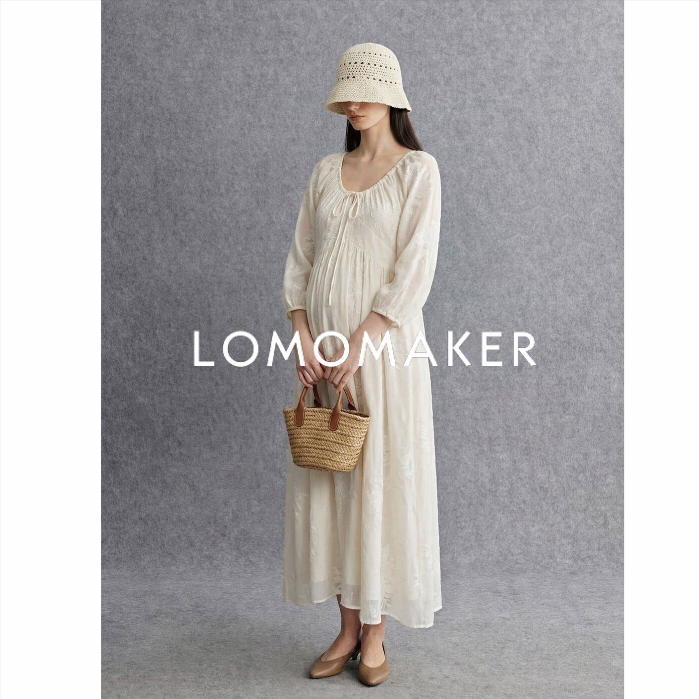 Французское платье LomoMaker 【Вышитое тенселем платье феи】 Новое платье для беременных ранней осенью абрикосового цвета с V-образным вырезом и длинным рукавом.