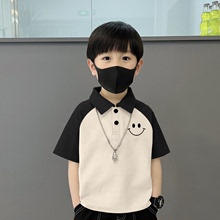 Pure cotton POLO shirt short sleeved T-shirt for children's summer new mid to large children's loose splicing handsome lapel boy's top