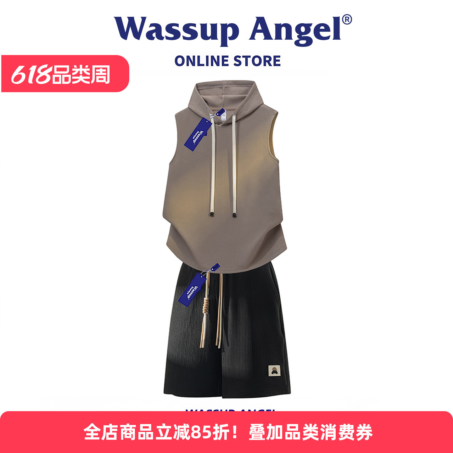 Американский повседневный спортивный костюм без рукавов с капюшоном WASSUP ANGEL, мужской летний свободный жилет, шорты, костюм-двойка
