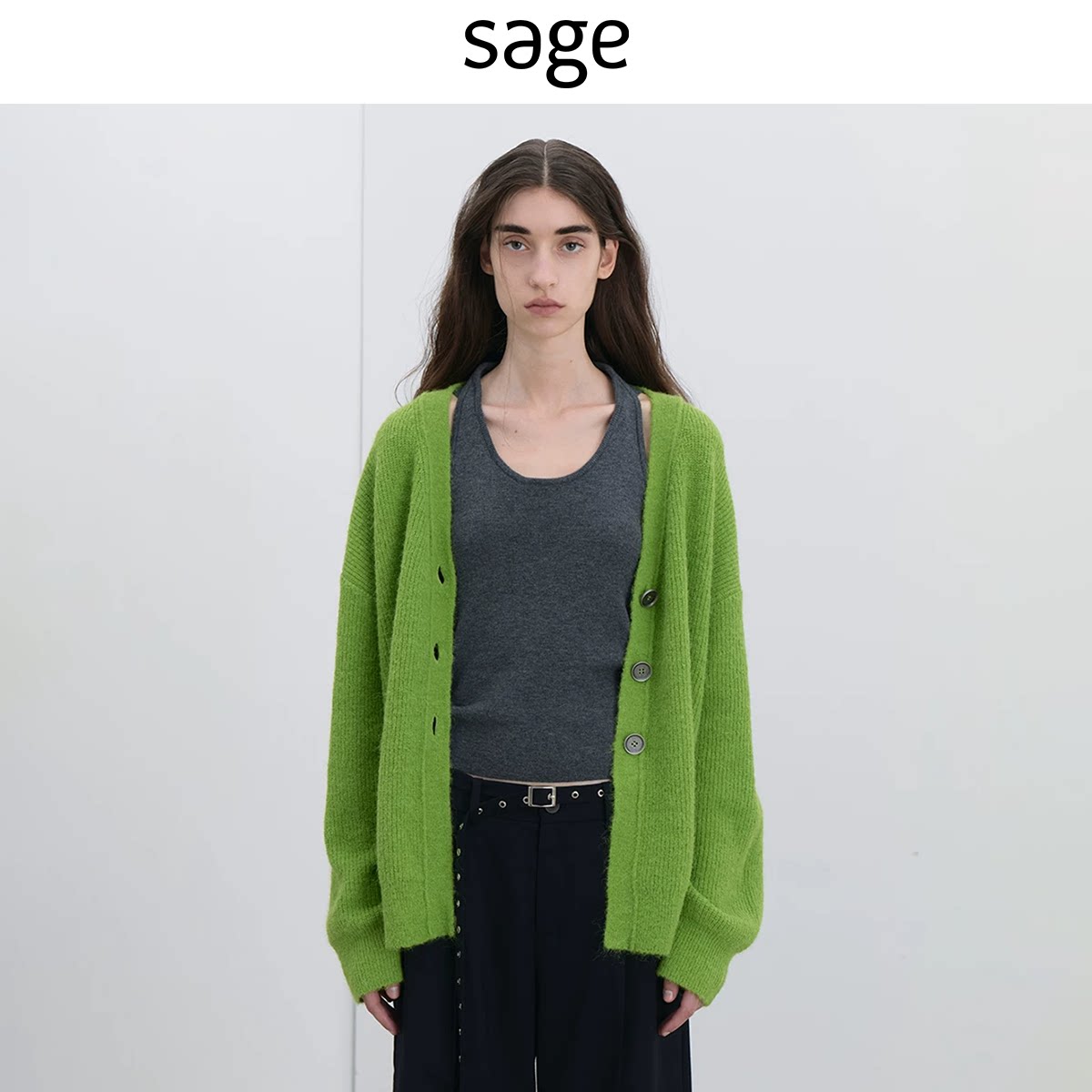 sagestudio ярко-зеленый свитер с v-образным вырезом и металлическими пуговицами с длинными рукавами, вязаный кардиган для женщин