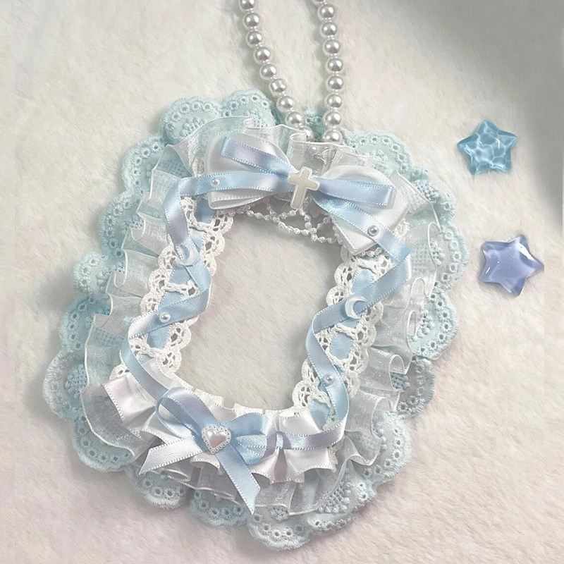 Original handmade DIY bow lace trim blue card holder, ins Lolita anime style bag charm card holder