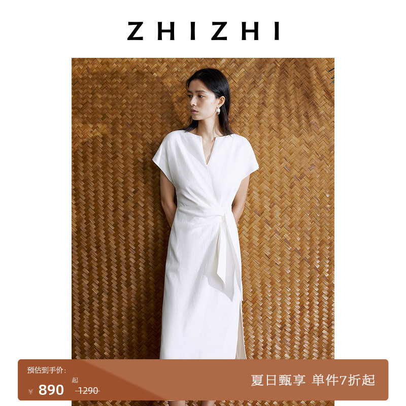 ZHIZHI ZHIZHI Yulan сушеная конопляное липкое платье с V-образным вырезом и короткими рукавами на талии, женское летнее платье 2025, новый стиль