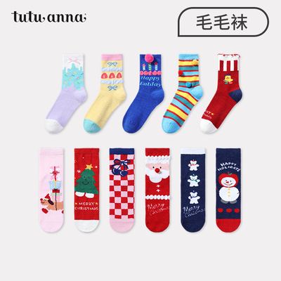 taobao agent tutuanna秋冬女士短袜 圣诞风提花保暖毛毛袜百搭可爱地板袜女