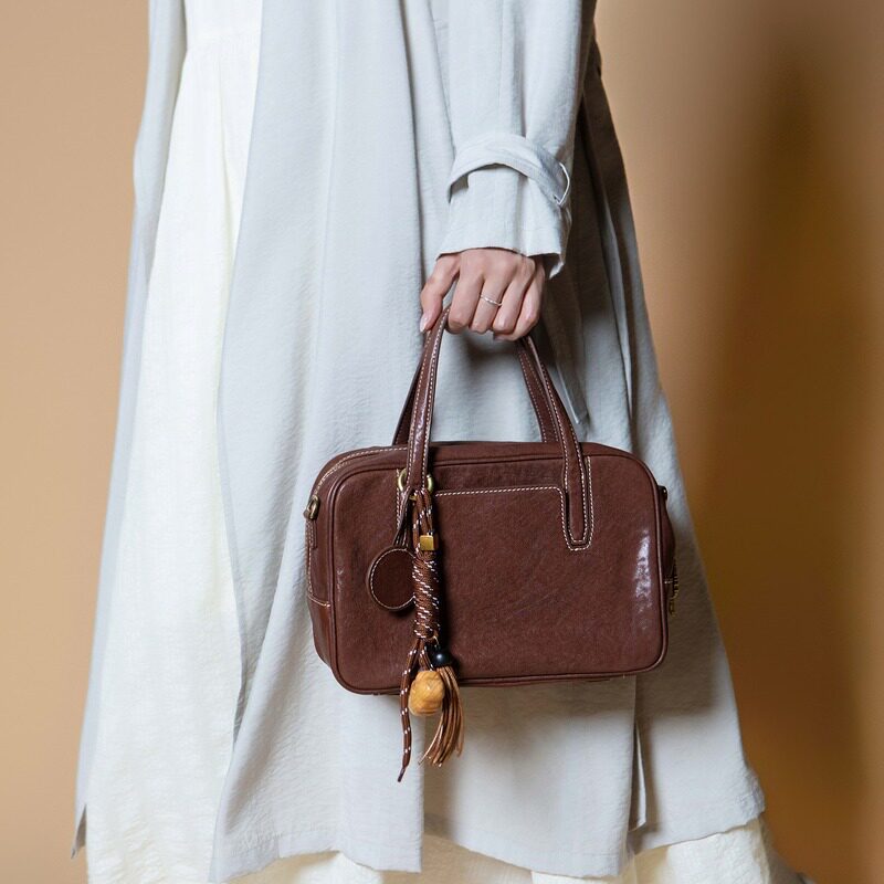 Чжао Чжаои в том же стиле, что и Grass Hall, сумка для боулинга с сахарным кубиком, верхний слой кожи растительного дубления, портативная сумка-мессенджер через плечо, Бостонская сумка