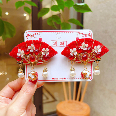 taobao agent 儿童新年发夹中国古风闪葱丝绒扇子流苏发饰女孩红色汉服头饰发卡