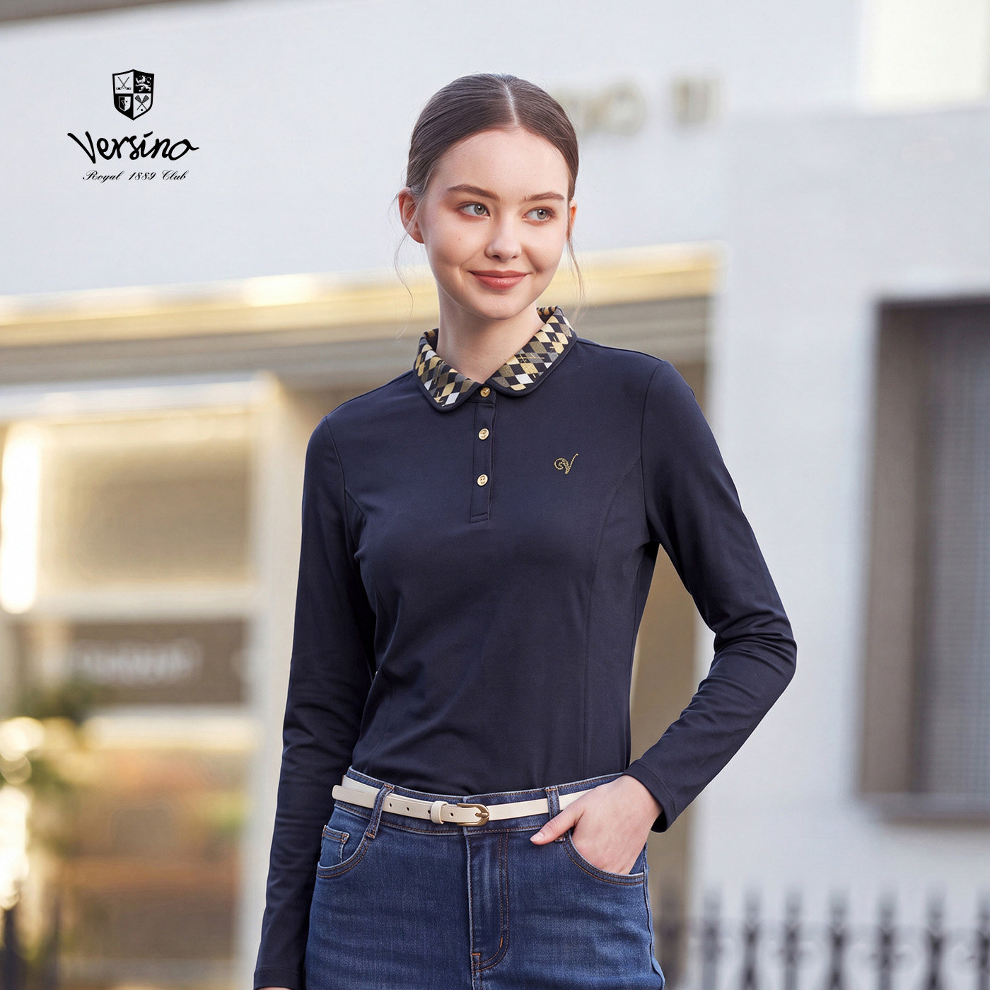 Versino women's collared color-blocked long-sleeved polo shirt - classic and versatile.