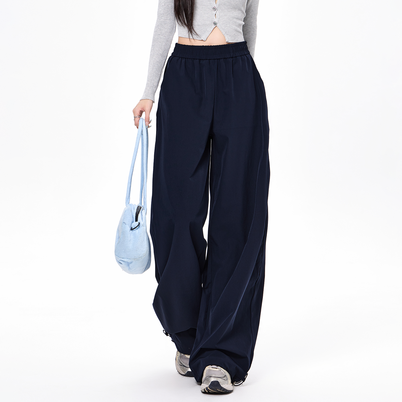 Navy blue sports work pants children's summer new style American high waist slimming wide leg pants small straight leg pants men