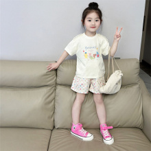 Girls' short sleeved t-shirt summer 2024 pure cotton round neck half sleeved T-shirt top children's casual shorts set