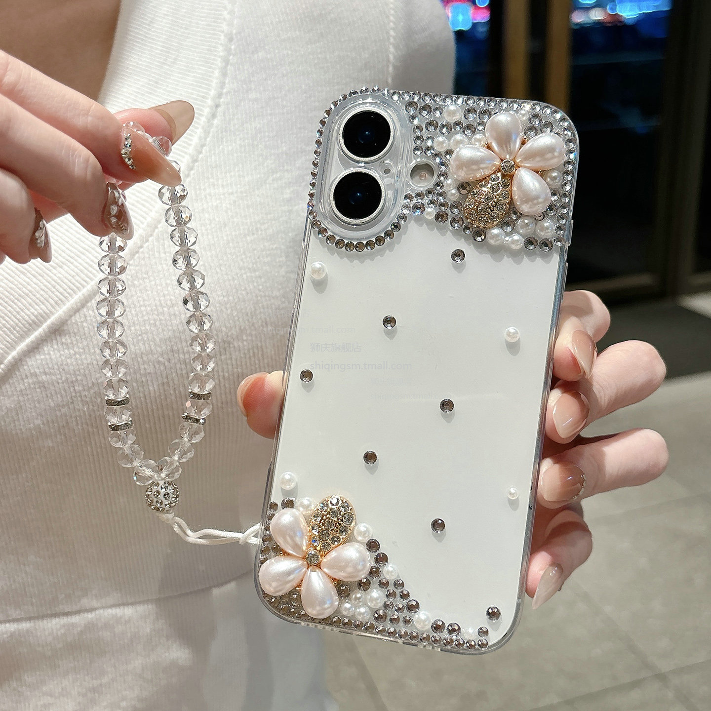 Suitable for iPhone 17, Air, new Apple 16 rhinestone diagonal pearl flower, 15 Pro Max soft rubber case, 13 Pro luxury, 12 mini rhinestone, 14 Plus drop-proof, 11 transparent XS
