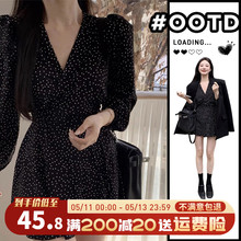 Black polka dot long sleeved dress for women in spring and autumn