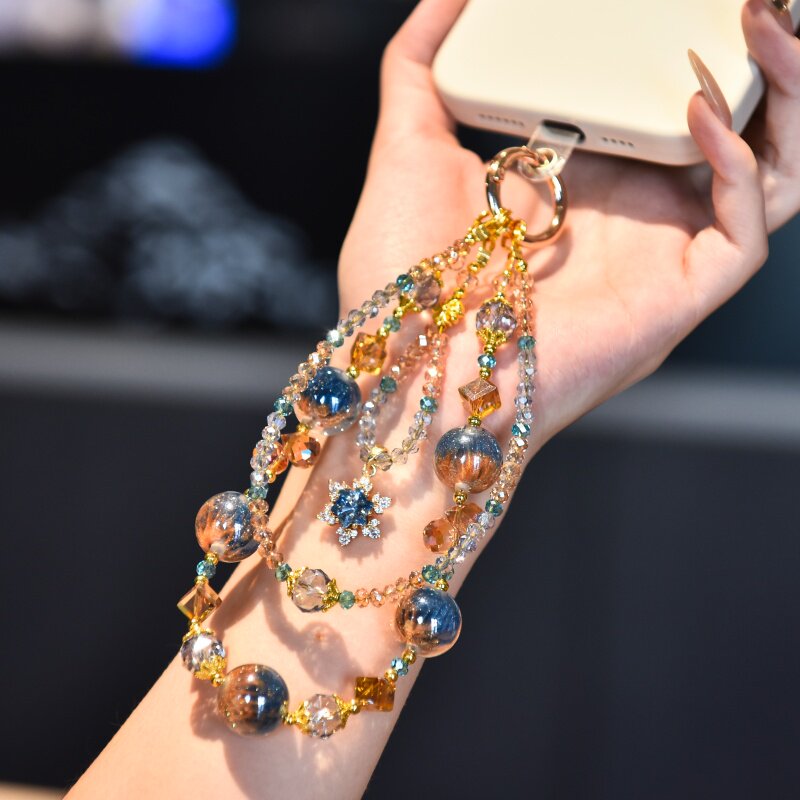 Amethyst alloy rotating flower mobile phone chain bag charm chain wrist strap luxury glass sturdy and durable