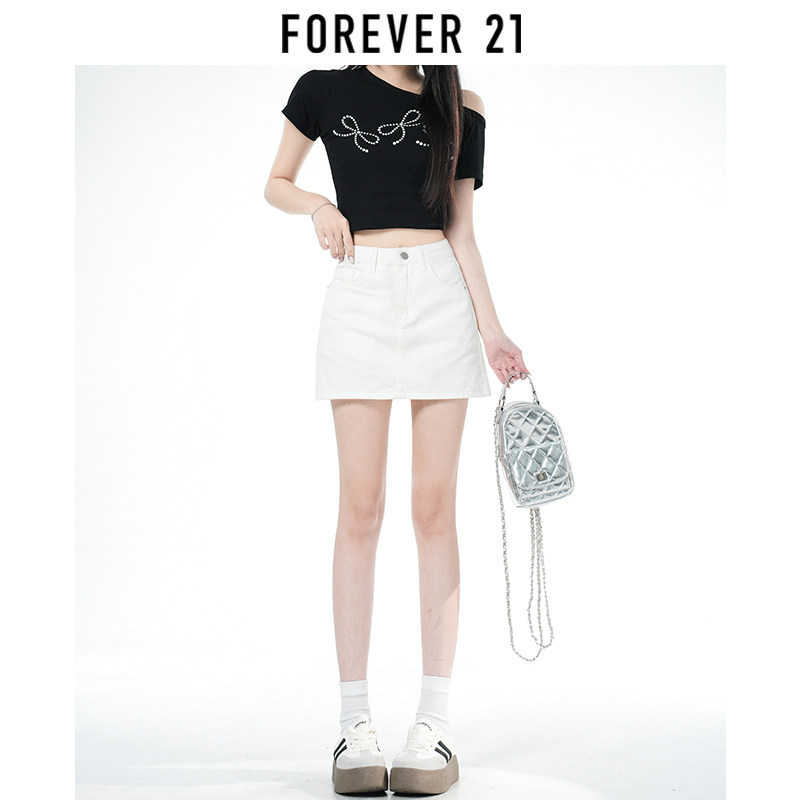 Белая джинсовая юбка с высокой талией Forever 21, женская летняя юбка трапециевидной формы в корейском стиле ретро на бедрах