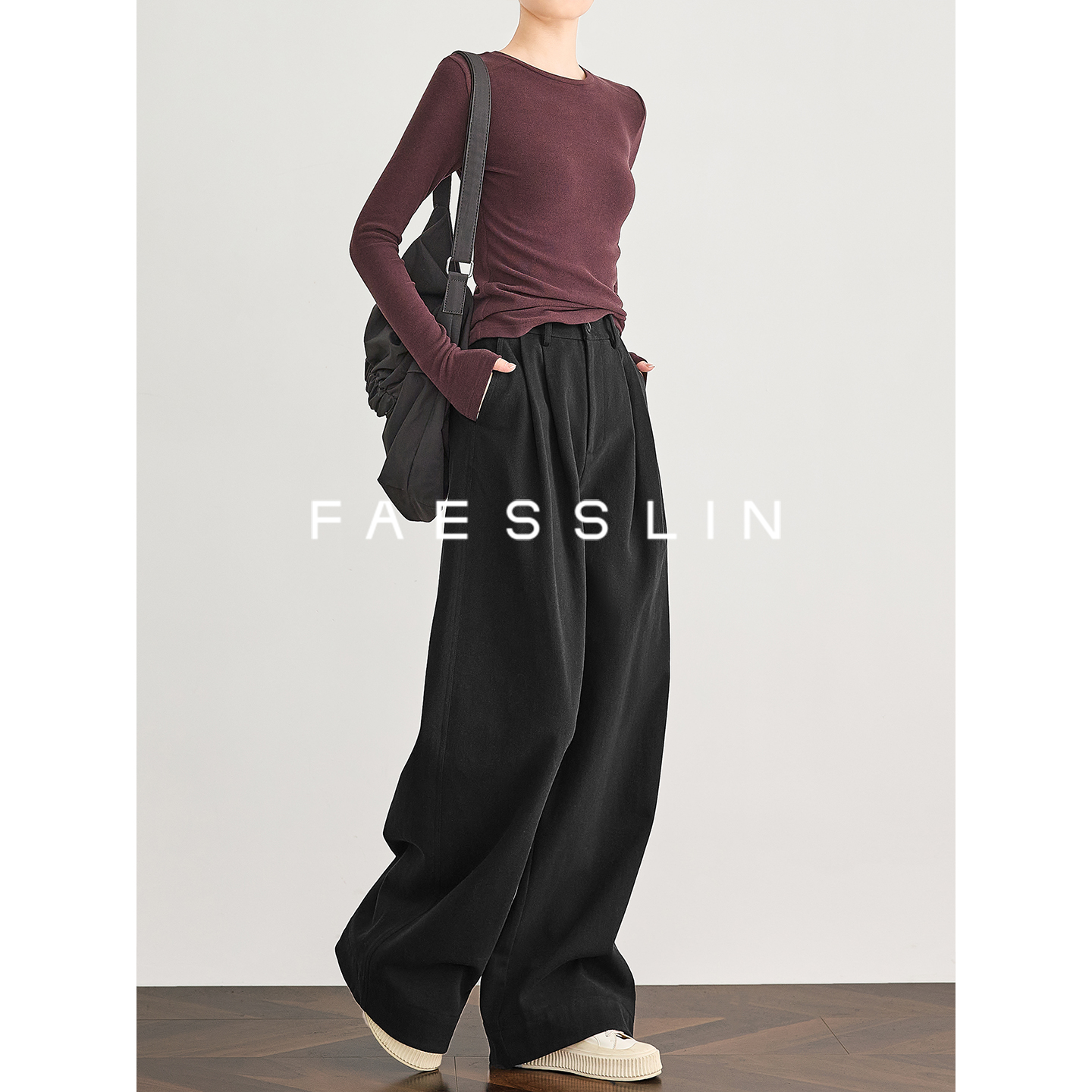 FAESSLIN [грушевидные двубортные брюки] черные костюмные брюки с прямыми штанинами, осенне-зимние повседневные брюки, закрывающие промежность, женские свободные широкие брюки