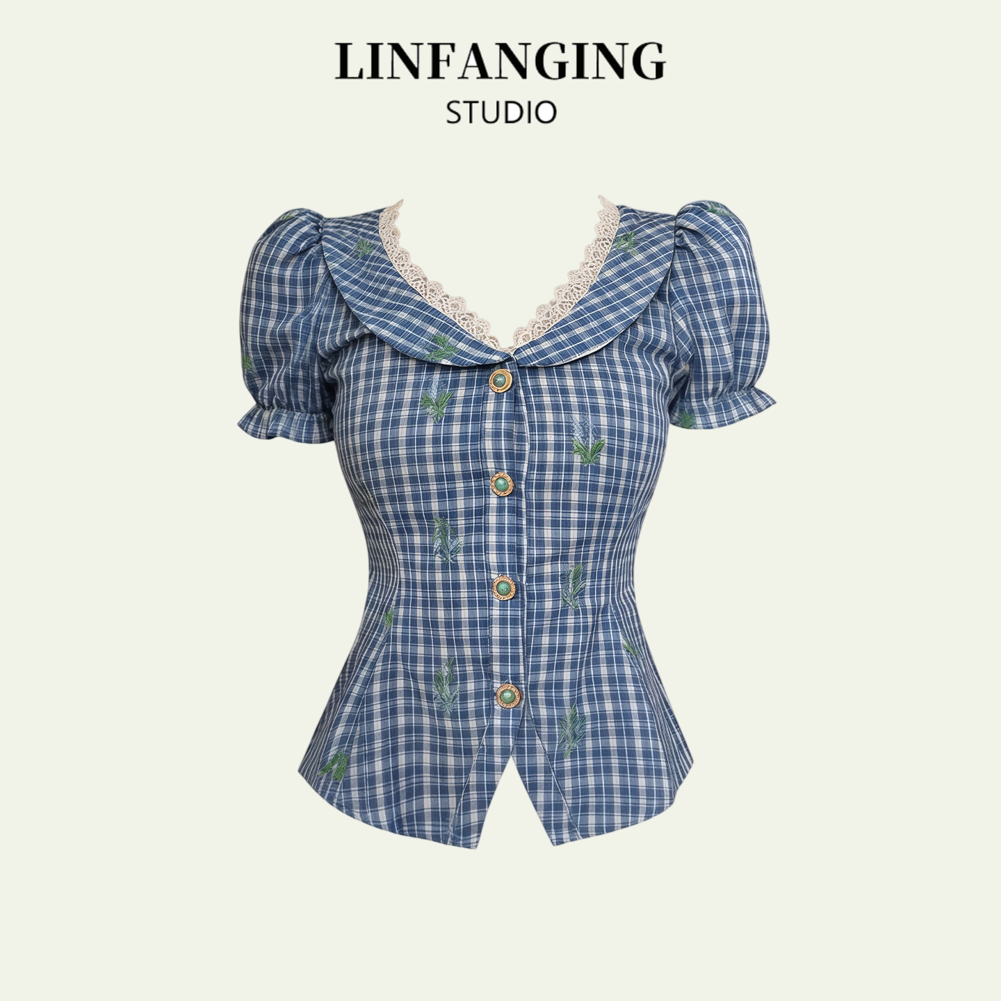 LINFANGING Preppy Style Blue Plaid Embroidered Puff Sleeve Shirt Women's Pure and Alluring V-Neck Slim Waist Top Trendy