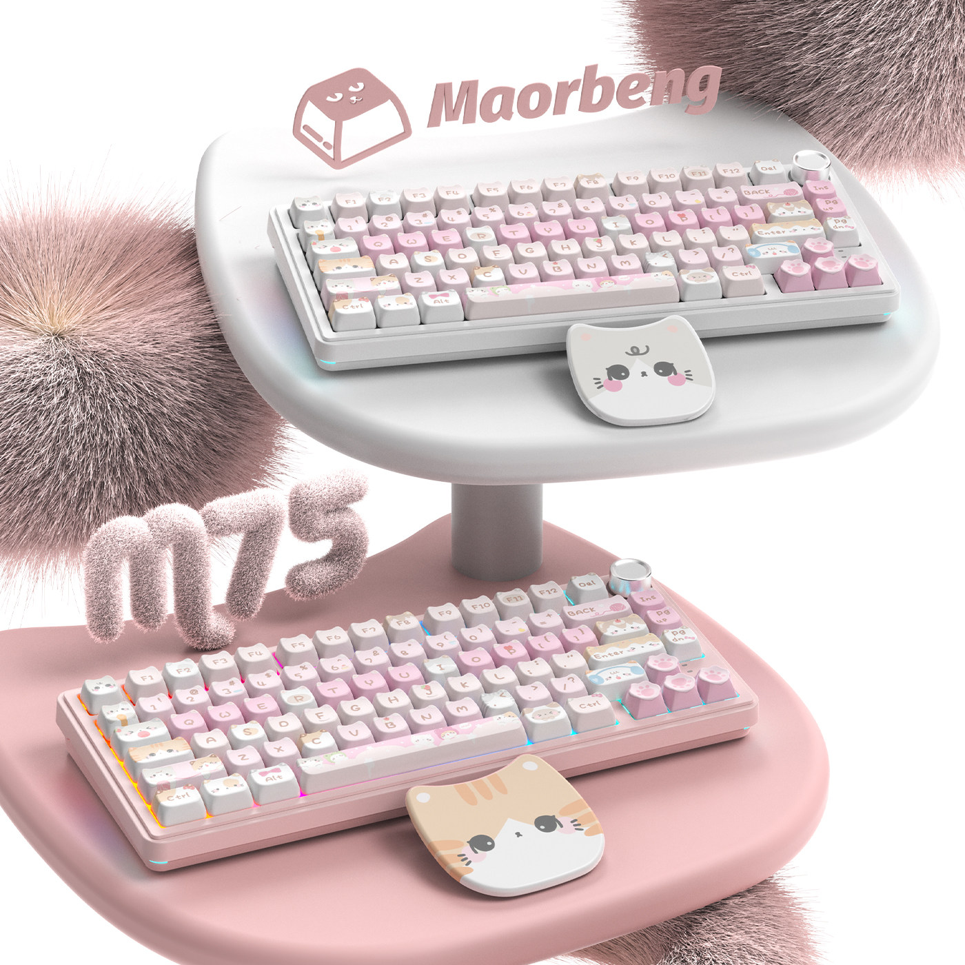 Cat Erben M75 pink girl симпатичная трехрежимная механическая клавиатура RGB color light 8000 мАч, беспроводная игровая офисная