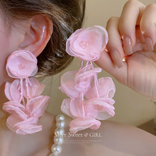 Forest style pink chiffon flower earrings