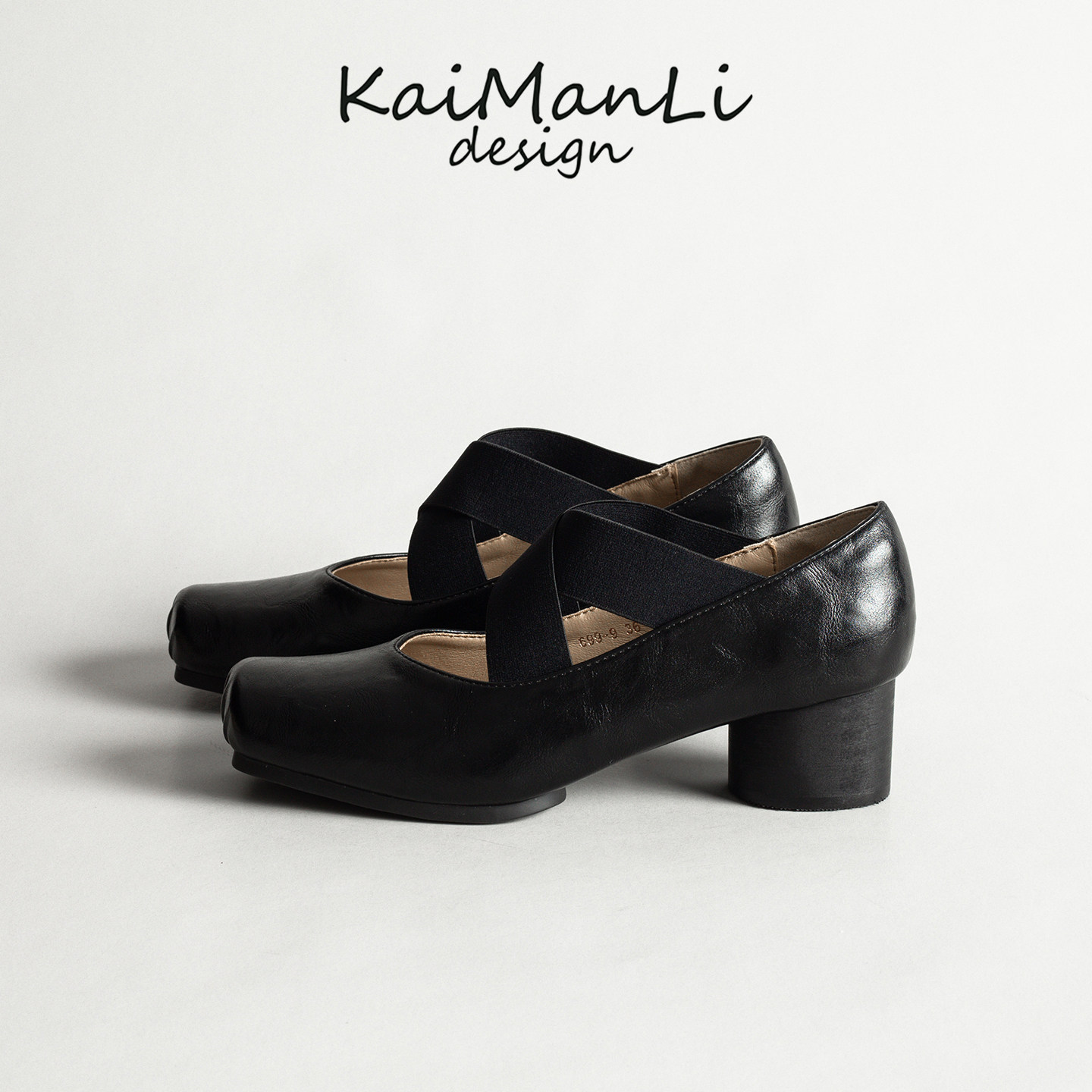 Genuine leather ballet flats, square toe, chunky heel, women's UMAW cross strap retro Mary Jane pig nose shoes