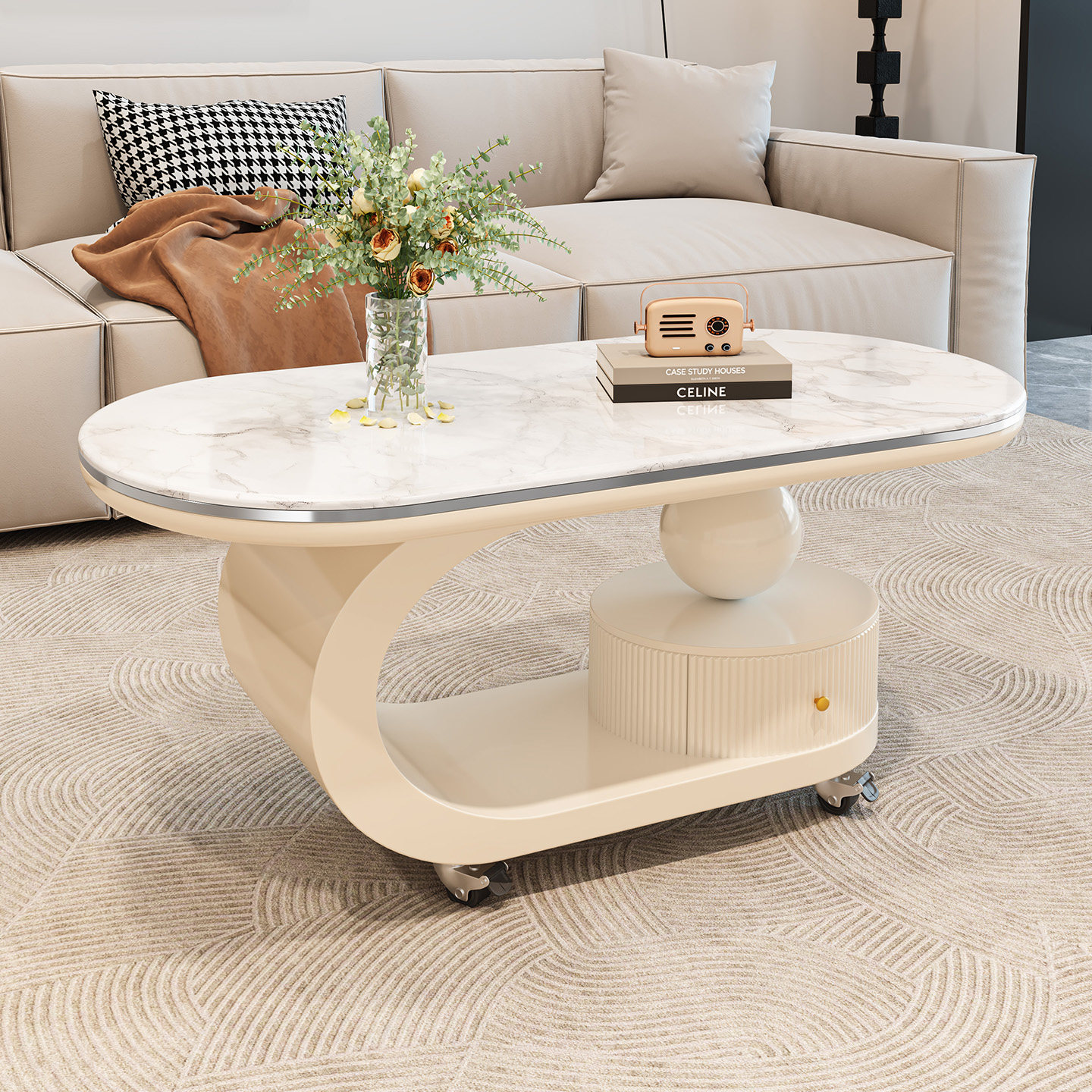 2026 новый бытовой журнальный столик для гостиной в маленькой квартире в кремовом стиле, передвижной журнальный столик на колесиках, креативность