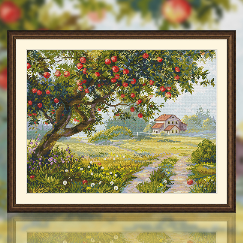 Весенняя вышивка крестиком 2025, новый стиль, вышивка нитками, полная вышивка, гостиная, спальня, небольшой пейзаж, яблоня, вышитая вручную самостоятельно