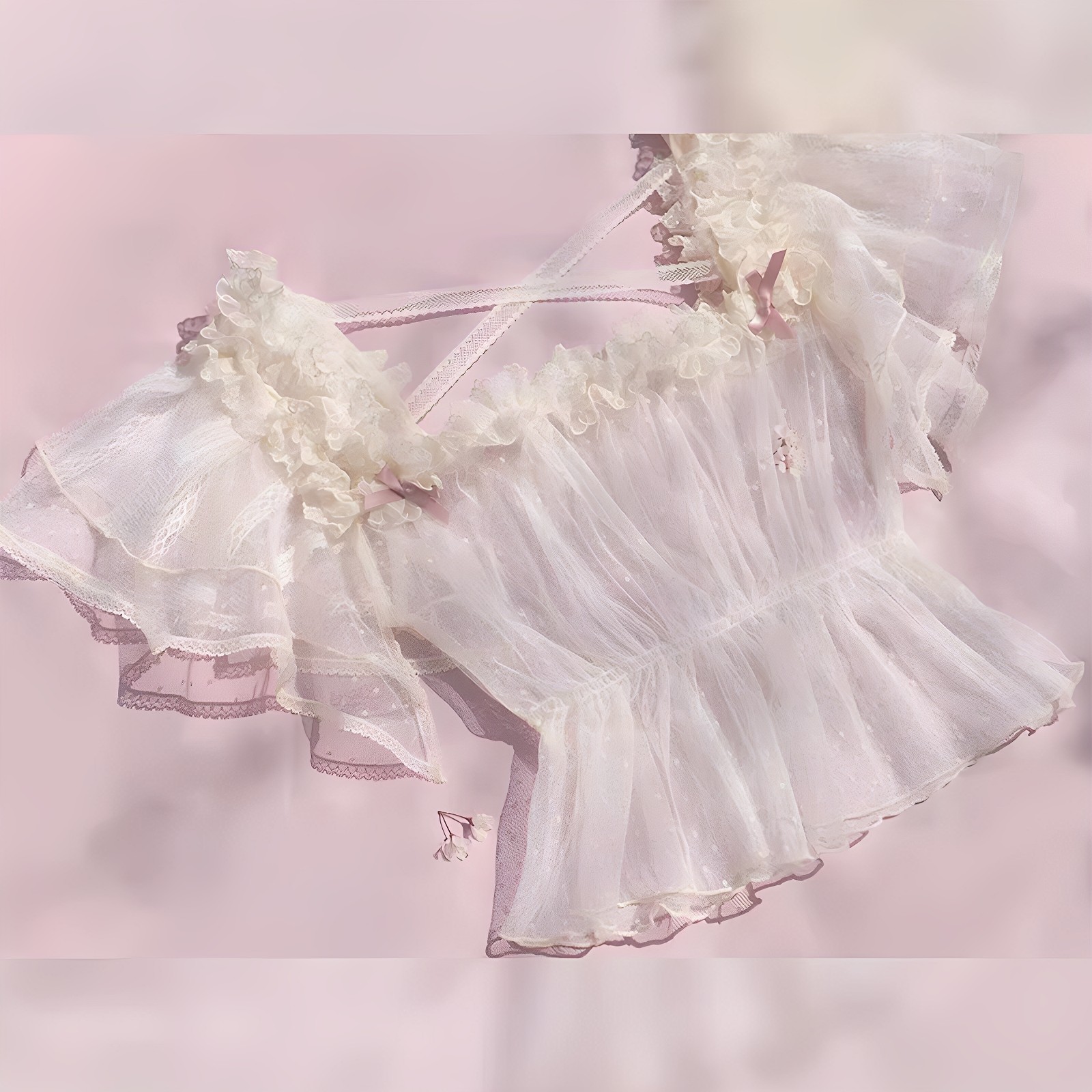 Lolita-style shirt with mesh inner layer, sheer Lolita-style transparent lace soft gauze, new lightweight mirror ballet short sleeves.