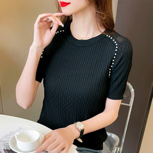 Ice Silk Knitted Shirt Women's Short sleeved 2024 Summer New Black Top Loose Beaded Small Shirt Round Neck Short sleeved T-shirt